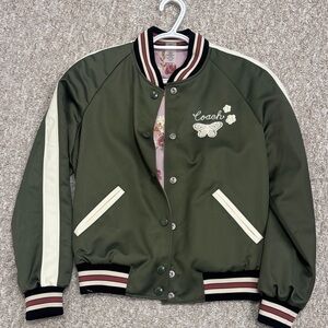 Double sided Coach Olive Green Bomber Jacket with Cream Stripes